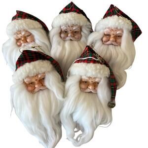 Vtg Santa Claus Head 5 Ornaments Long Beard Painted Foam Face Bell Plaid Cap 6”